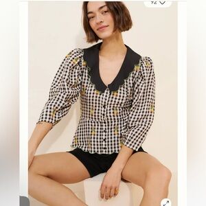 FARM Rio Linen Blend Gingham Embroidered Top